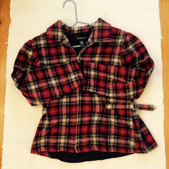 Fresno Sport 💋Plaid Maroon Zip Up Jacket Chic - Picture 8 of 8